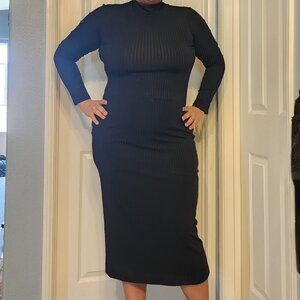Mock Neck Long Sleeve Midi Dress with Cut Out Back Detail